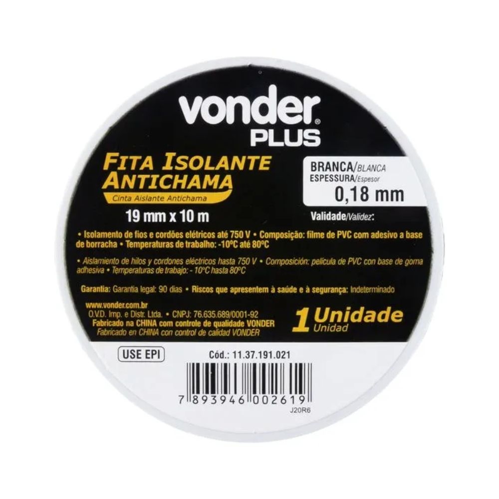FITA ISOLANTE 19MM X 10M BRANCA VONDER