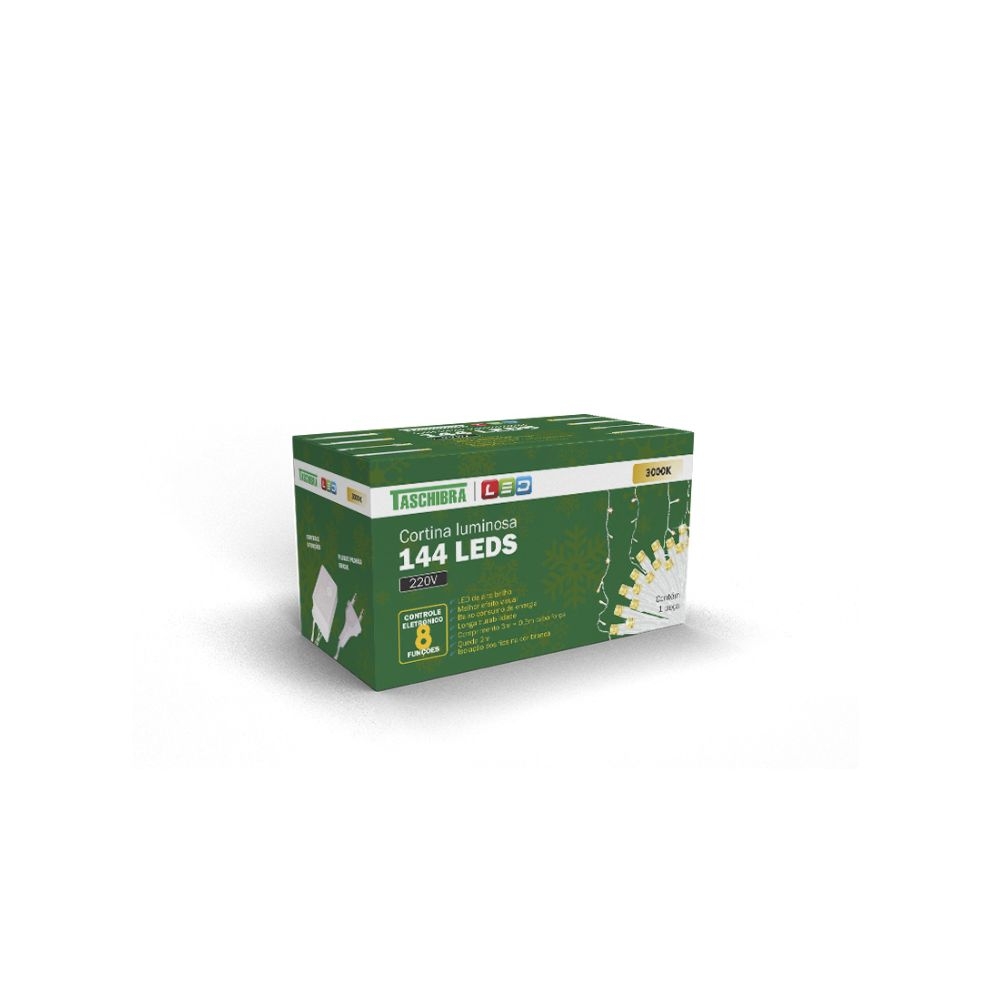 CORTINA LUMINOSA 144 LEDS 8 FUNCOES 220V 3000K TASCHIBRA